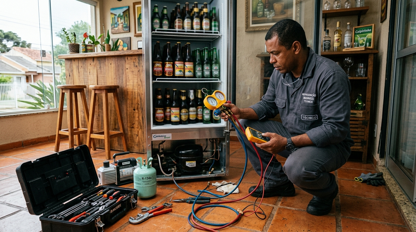 Técnico realizando manutenção de motor de cervejeira em Itajaí‑SC