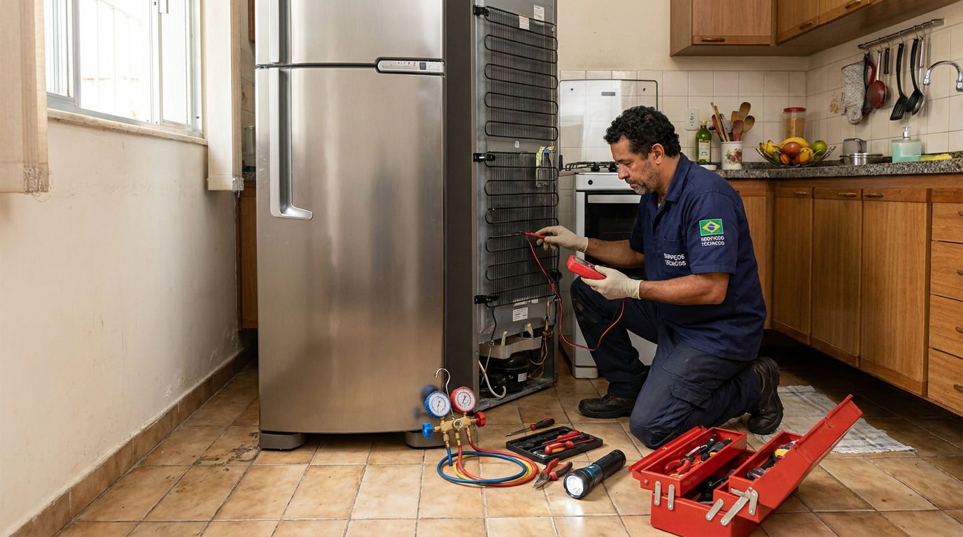 Técnico realizando manutenção de motor de geladeira em Itajaí‑SC
