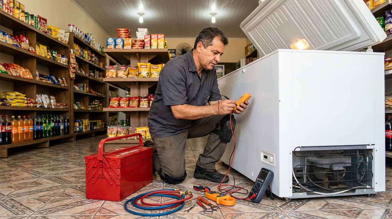 Recarga de gás refrigerante em freezer em atendimento em Itajaí‑SC